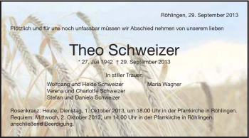 Traueranzeige von Theo Schweizer von Schwäbische Post