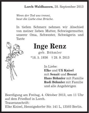 Traueranzeige von Inge Renz von Gmünder Tagespost