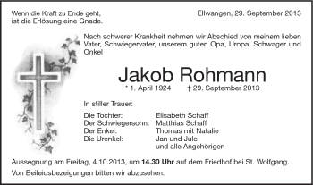 Traueranzeige von Jakob Rohmann von Schwäbische Post