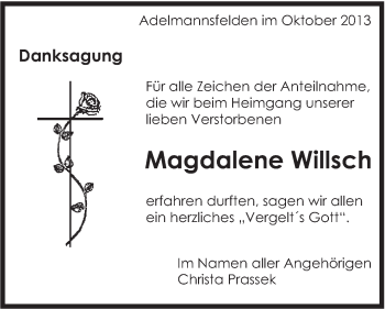 Traueranzeige von Magdalene Willsch von Schwäbische Post