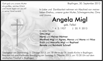 Traueranzeige von Angela Migl von Schwäbische Post