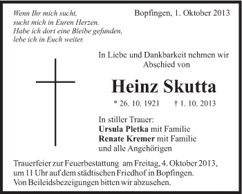 Traueranzeige von Heinz Skutta von Schwäbische Post