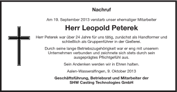 Traueranzeige von Leopold Peterek von Schwäbische Post