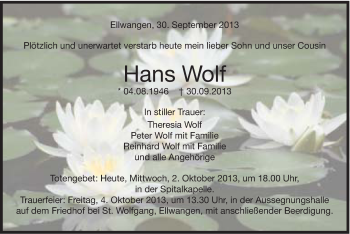 Traueranzeige von Hans Wolf von Schwäbische Post