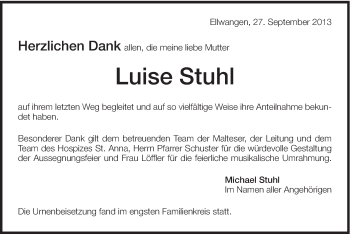 Traueranzeige von Luise Stuhl von Schwäbische Post
