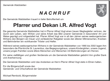 Traueranzeige von Alfred Vogt von Gmünder Tagespost