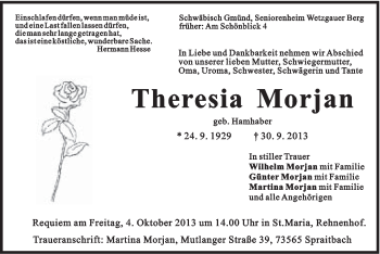 Traueranzeige von Theresia Morjan von Gmünder Tagespost