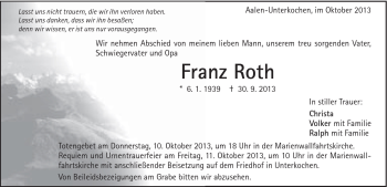 Traueranzeige von Franz Roth von Schwäbische Post