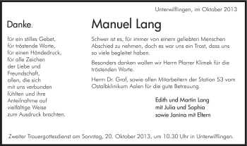 Traueranzeige von Manuel Lang von Schwäbische Post
