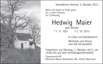 Traueranzeige von Hedwig Maier von Gmünder Tagespost