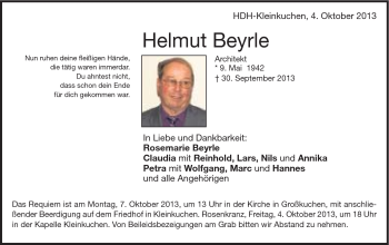 Traueranzeige von Helmut Beyerle von Schwäbische Post
