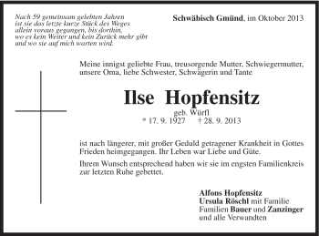 Traueranzeige von Ilse Hopfensitz von Gmünder Tagespost