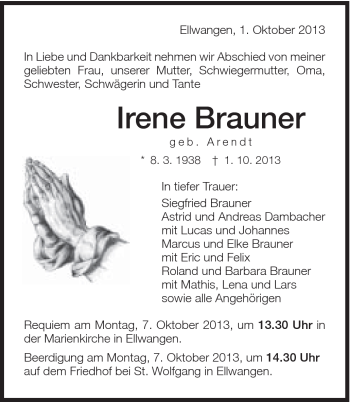Traueranzeige von Irene Brauner von Schwäbische Post