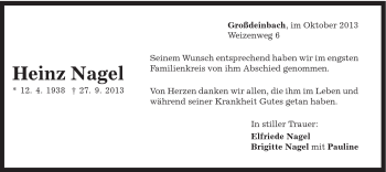 Traueranzeige von Heinz Nagel von Gmünder Tagespost