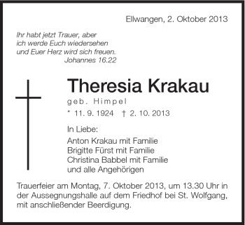 Traueranzeige von Thersia Krakau von Schwäbische Post