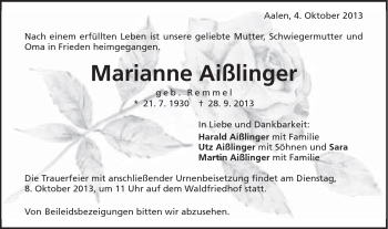 Traueranzeige von Marianne Aißlinger von Schwäbische Post