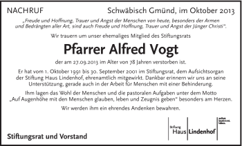 Traueranzeige von Alfred Vogt, Pfarrer von Gmünder Tagespost