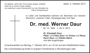 Traueranzeige von Werner Daur von Schwäbische Post