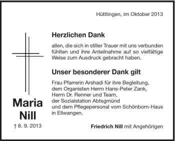 Traueranzeige von Maria Nill von Schwäbische Post
