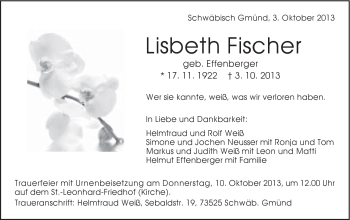 Traueranzeige von Lisbeth Fischer von Gmünder Tagespost