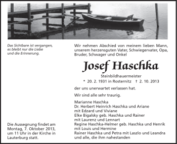 Traueranzeige von Josef Haschka von Schwäbische Post