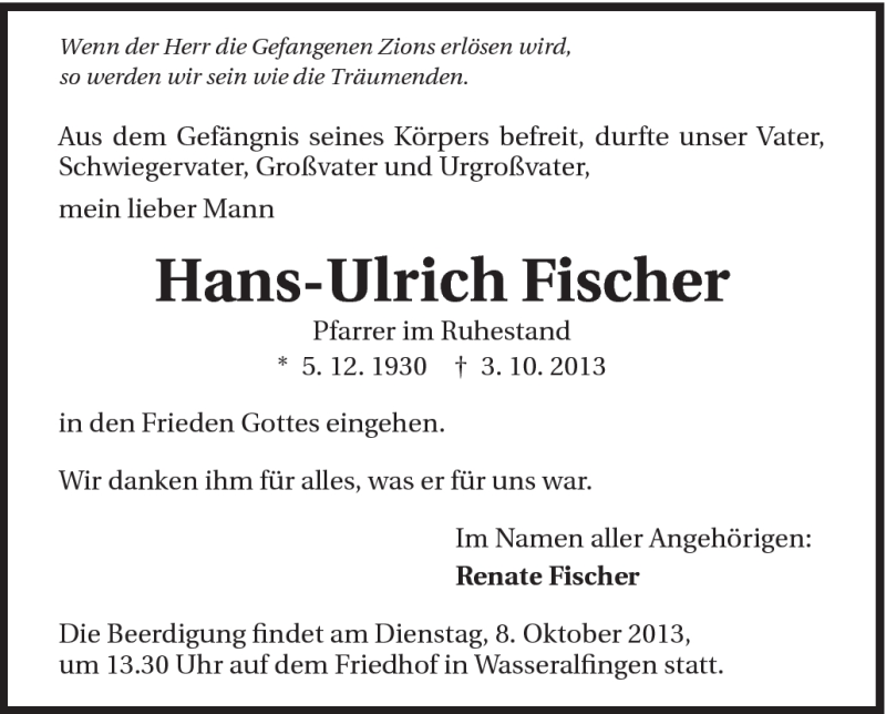  Traueranzeige für Hans-Ulrich Fischer vom 05.10.2013 aus Schwäbische Post