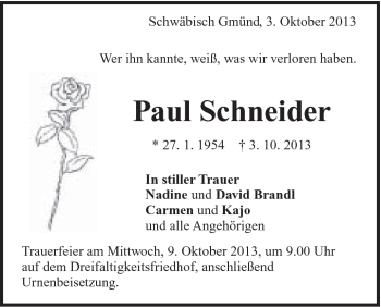 Traueranzeige von Paul Schneider von Gmünder Tagespost