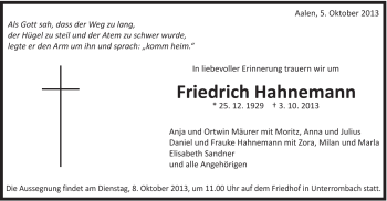 Traueranzeige von Friedrich Hahnemann von Schwäbische Post