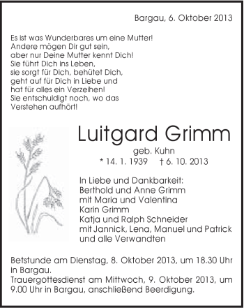 Traueranzeige von Luitgart Grimm von Gmünder Tagespost