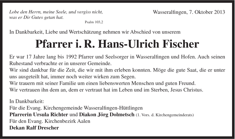  Traueranzeige für Hans-Ulrich Fischer vom 07.10.2013 aus Schwäbische Post