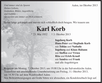 Traueranzeige von Karl Korb von Schwäbische Post