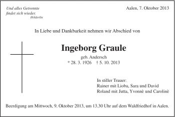 Traueranzeige von Ingeborg Graule von Schwäbische Post