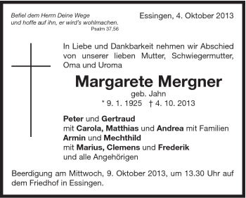 Traueranzeige von Margarete Merger von Schwäbische Post