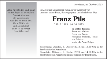 Traueranzeige von Franz Pils von Schwäbische Post