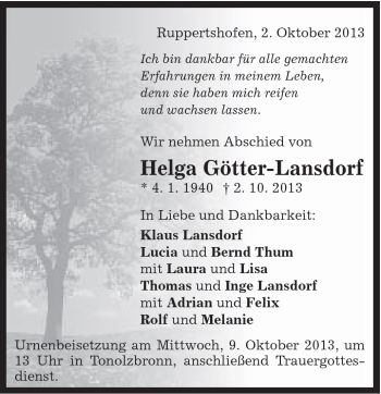 Traueranzeige von Helga Götter-Lansdorf von Gmünder Tagespost
