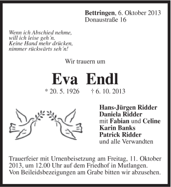 Traueranzeige von Eva Endl von Gmünder Tagespost