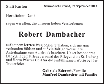 Traueranzeige von Robert Dambacher von Gmünder Tagespost