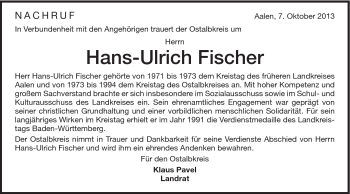 Traueranzeige von Hans-Ulrich Fischer von Schwäbische Post