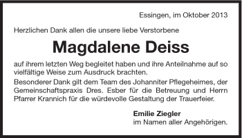 Traueranzeige von Magdalene Deiss von Schwäbische Post