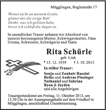 Traueranzeige von Rita Schürle von Gmünder Tagespost
