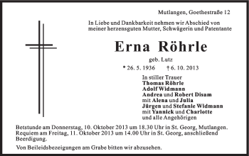 Traueranzeige von Erna Röhrle von Gmünder Tagespost