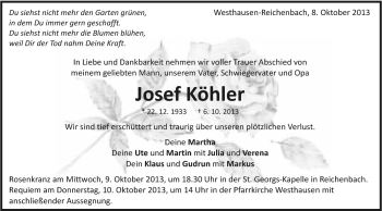 Traueranzeige von Josef Köhler von Schwäbische Post