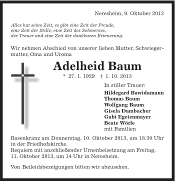 Traueranzeige von Adelheid Baum von Schwäbische Post
