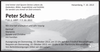 Traueranzeige von Peter Schulz von Schwäbische Post