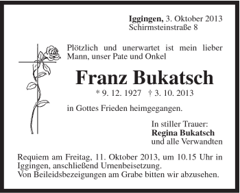 Traueranzeige von Franz Bukatsch von Gmünder Tagespost