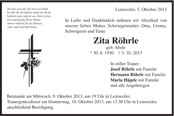 Traueranzeige von Zita Röhrle von Gmünder Tagespost