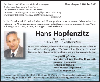 Traueranzeige von Hans Hopfenzitz von 020