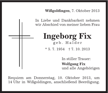 Traueranzeige von Ingeborg Fix von Gmünder Tagespost