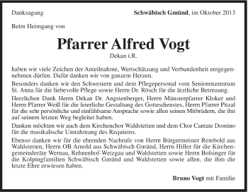 Traueranzeige von Alfred Vogt Pfarrer von Gmünder Tagespost