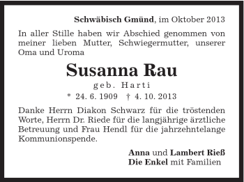 Traueranzeige von Susanne Rau von Gmünder Tagespost